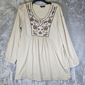 Max Tunic Blouse Womens L-XL Floral Embroidery Beaded Peasant Cottagecore Boho